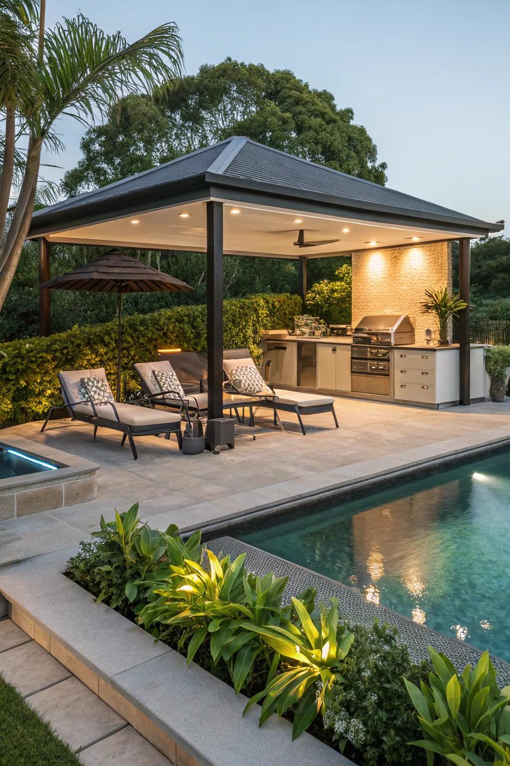 Design a poolside paradise complete with an outdoor cooking gazebo.