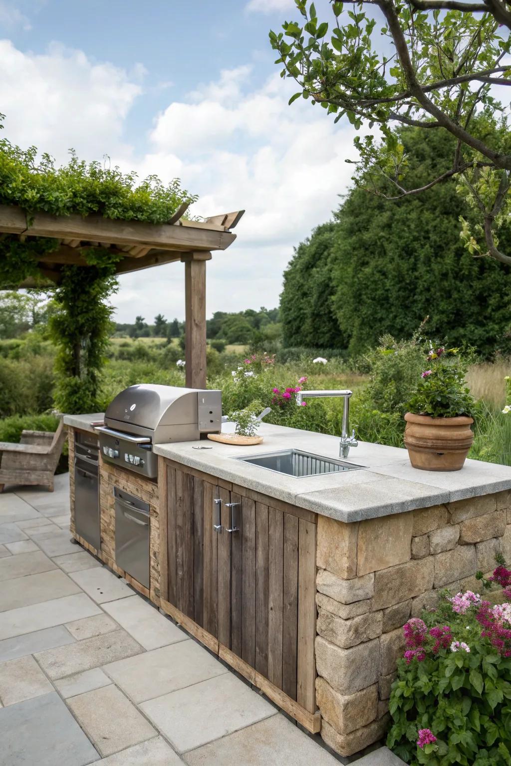 An outdoor kitchen island featuring an integrated grill and sink, perfect for seamless outdoor cooking.