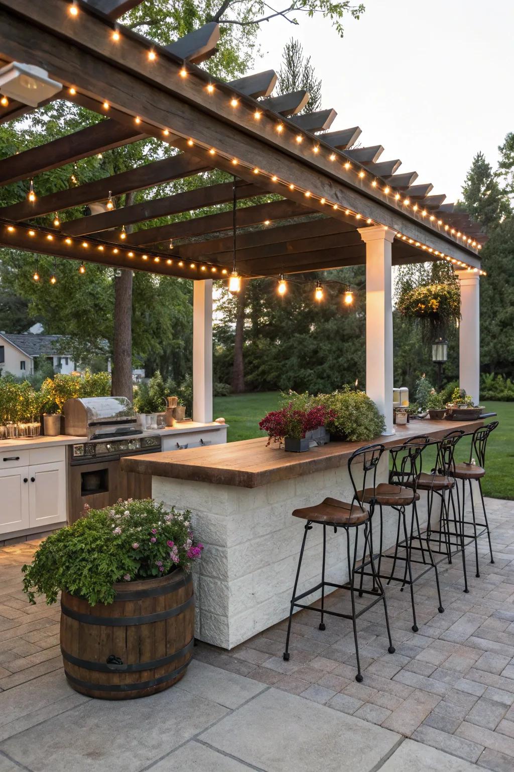 A charming outdoor kitchen with a pergola and ambient lighting.