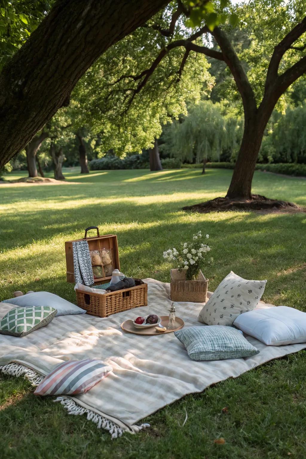 Craft a cozy nook with throws and pillows for a serene park get-together.