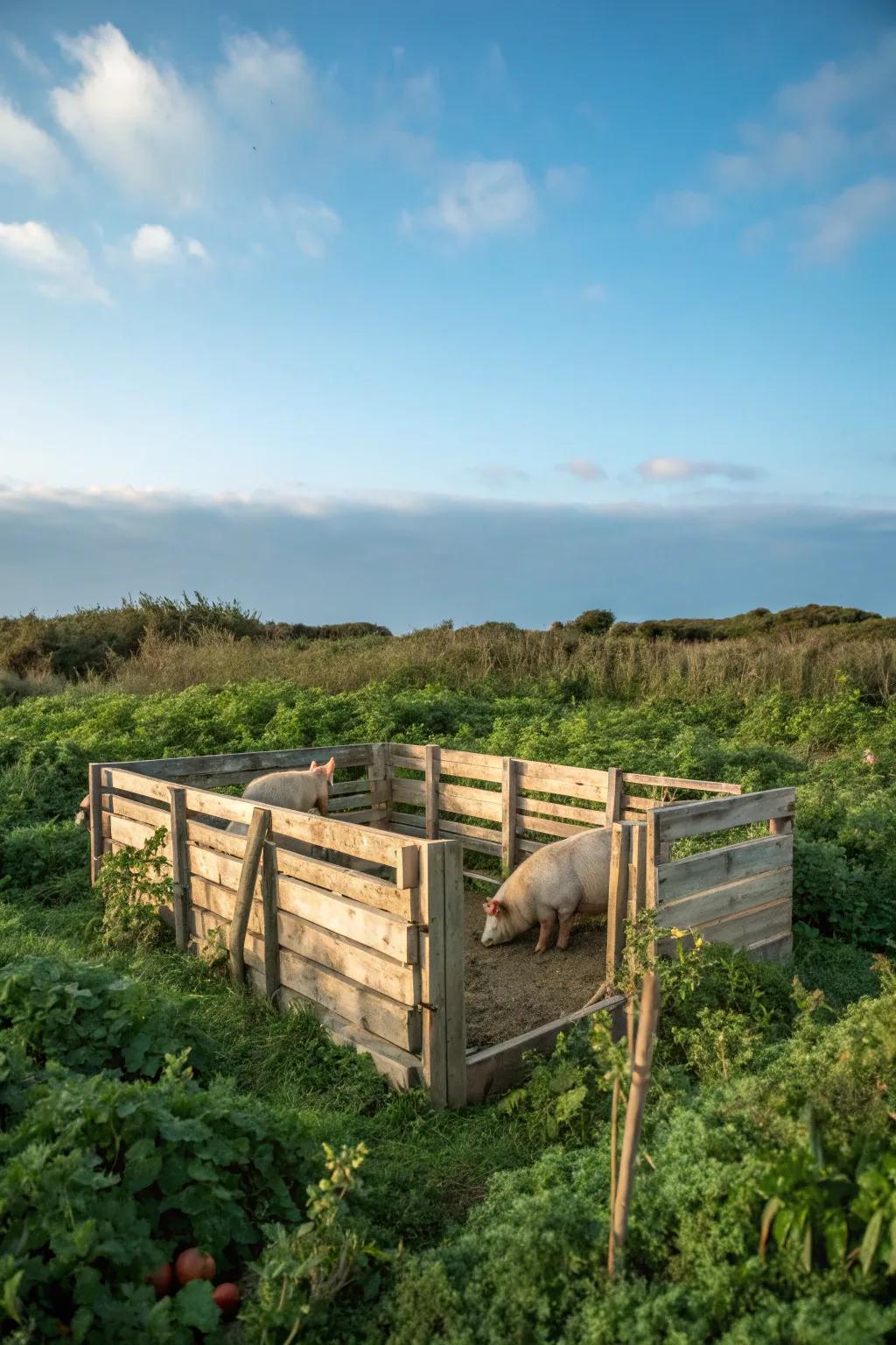 Environmentally friendly pig pen fashioned from repurposed skids.