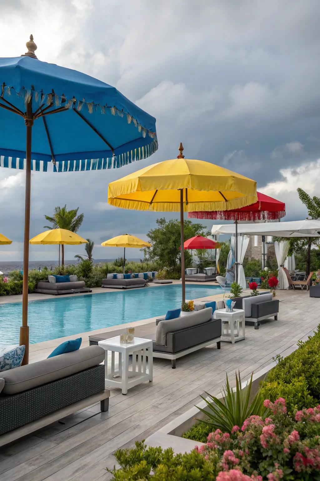 Vibrant sunshades provide both charm and sun protection.