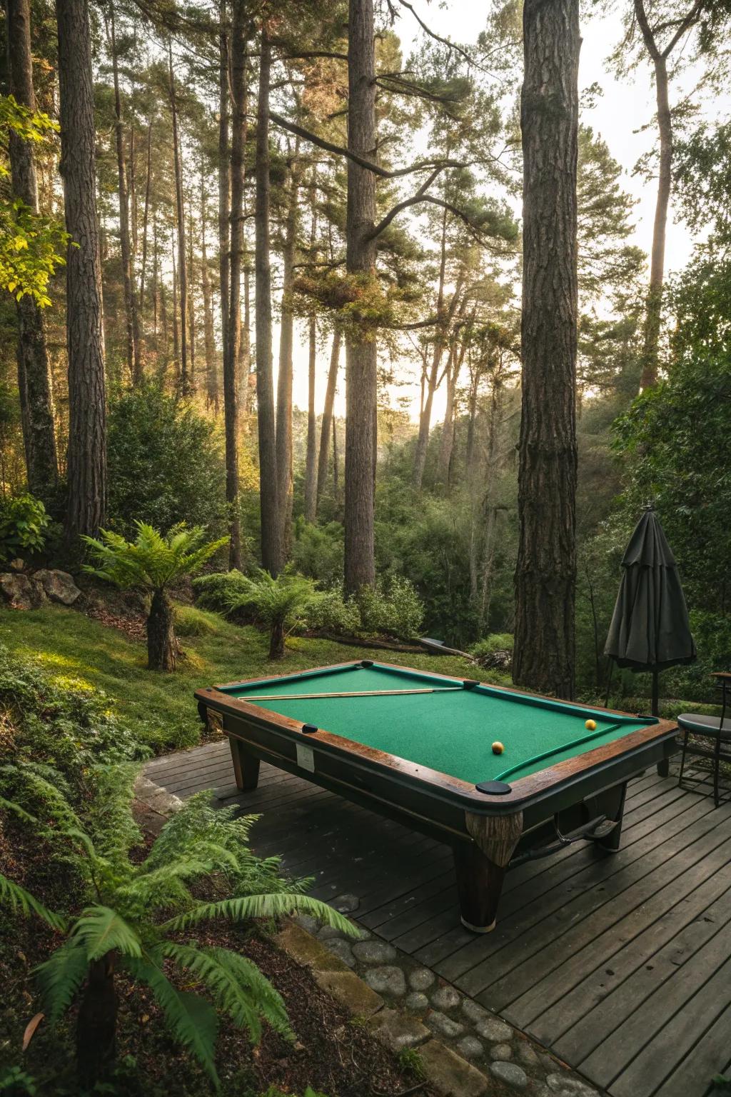 A snooker table nestled in a forested garden, creating a serene nature-inspired setting.