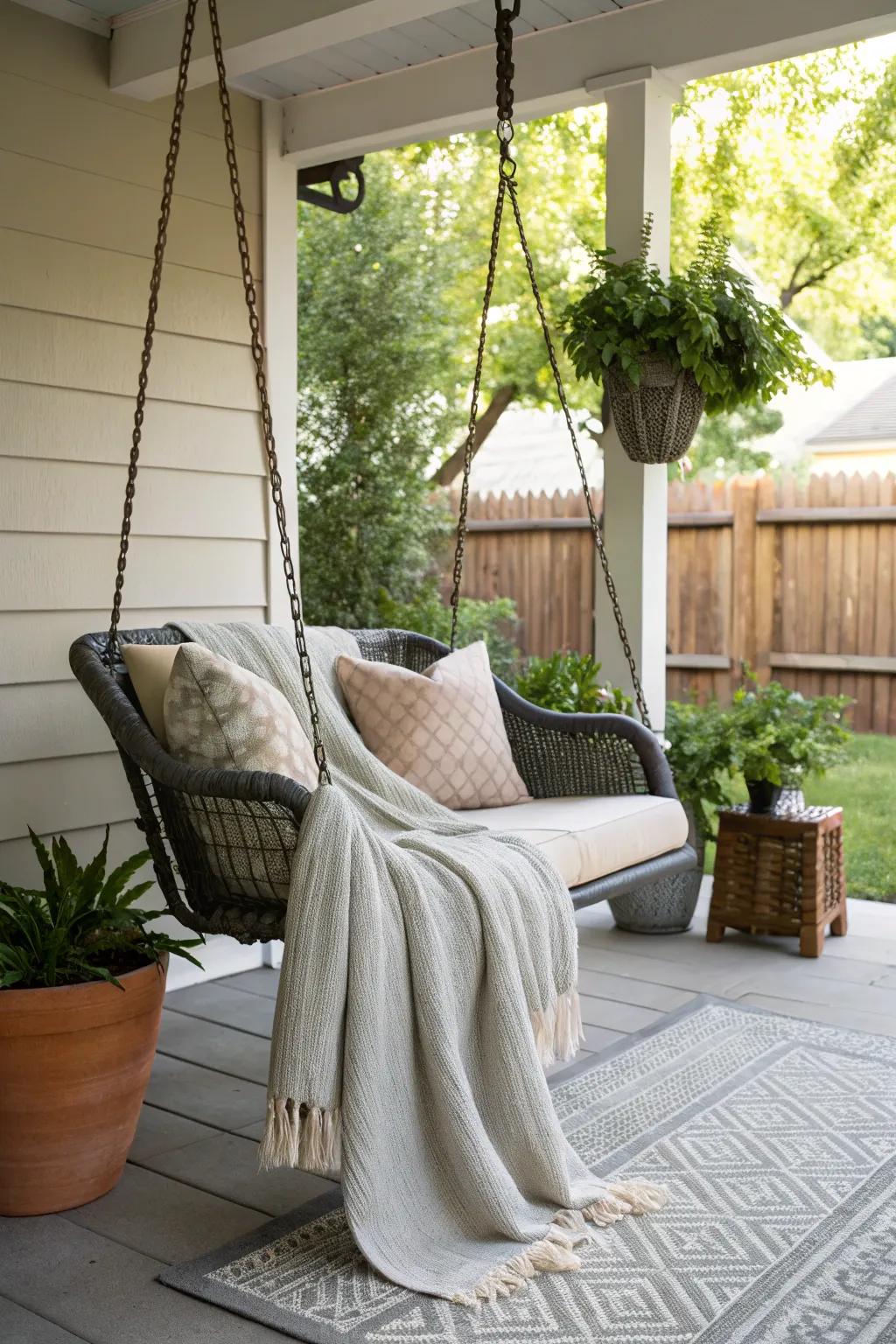 A stylish swinging chair provides a comfortable sanctuary on this delightful porch.