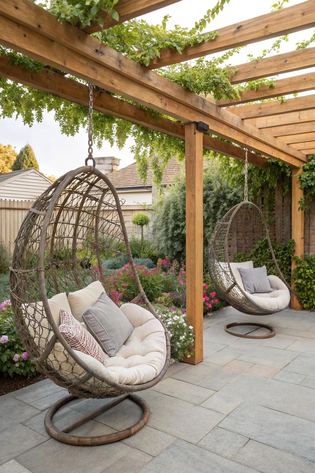 Hanging chairs contribute playfulness and comfort to your outdoor sanctuary.