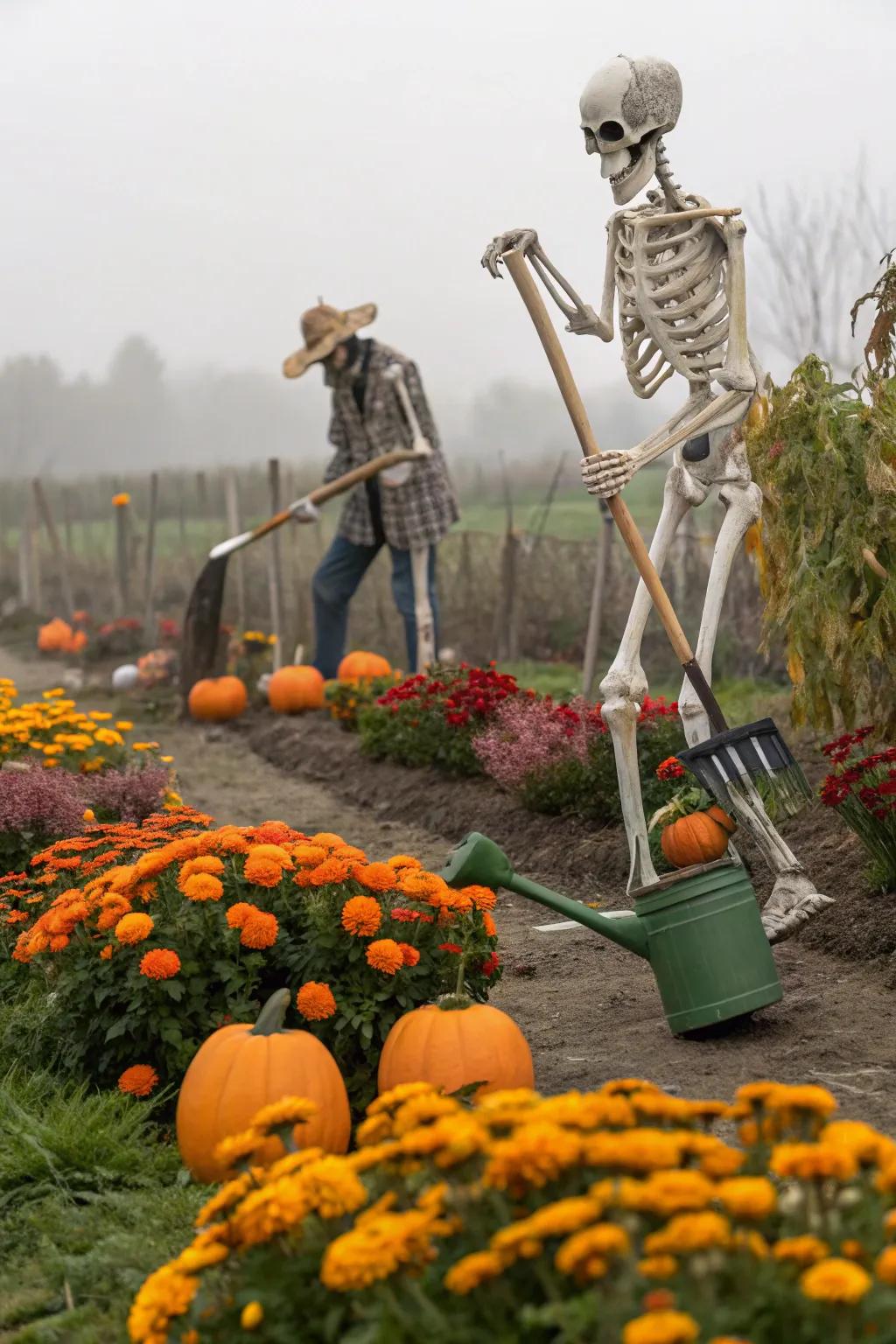 <strong><em>Skeletons</em></strong> diligently working in the garden.&rdquo; loading=&rdquo;lazy&rdquo; class=&rdquo;pimg&rdquo;>
	</picture><figcaption><strong><em>Skeletons</em></strong> diligently working in the garden.</figcaption></figure>
<p>Why not showcase your <strong><em>skeletons&rsquo;</em></strong> green thumbs with a charming garden scene? Arm them with <strong><em>adorable tiny shovels</em></strong> and <strong><em>pots</em></strong> as they lovingly tend to a bed of <strong><em>vibrant fall flowers</em></strong> or <strong><em>playful pumpkins</em></strong>.</p>
<h3>Possibly helpful picks:</h3>
<ul class=