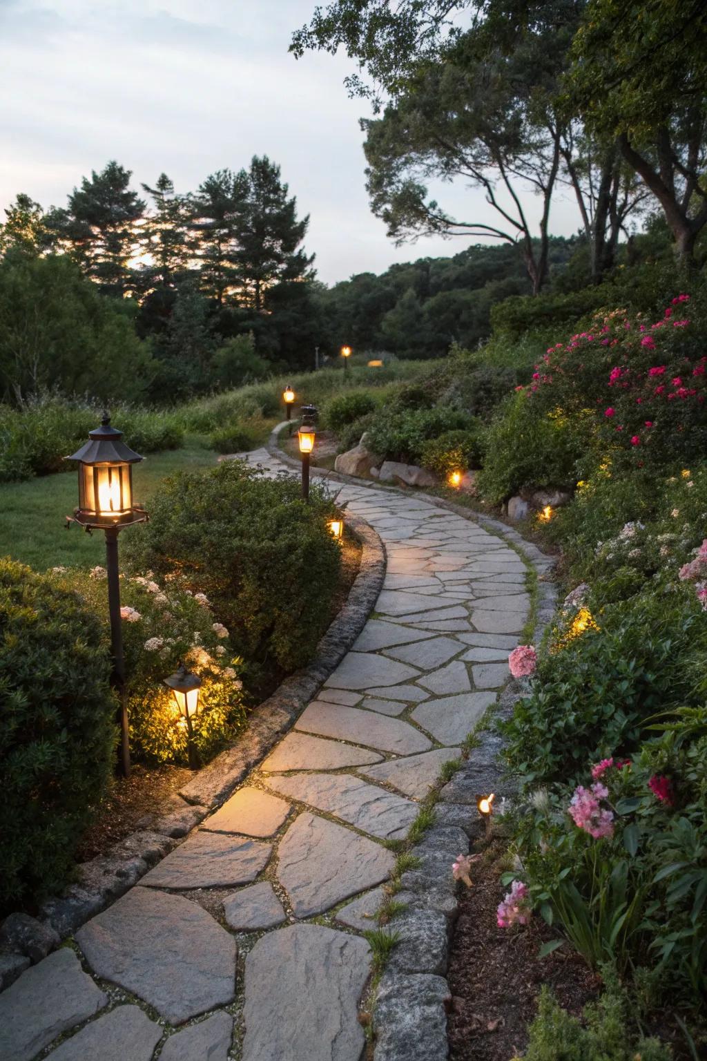 Refined solar pathway lights gently guide wanderers through your garden's embrace.