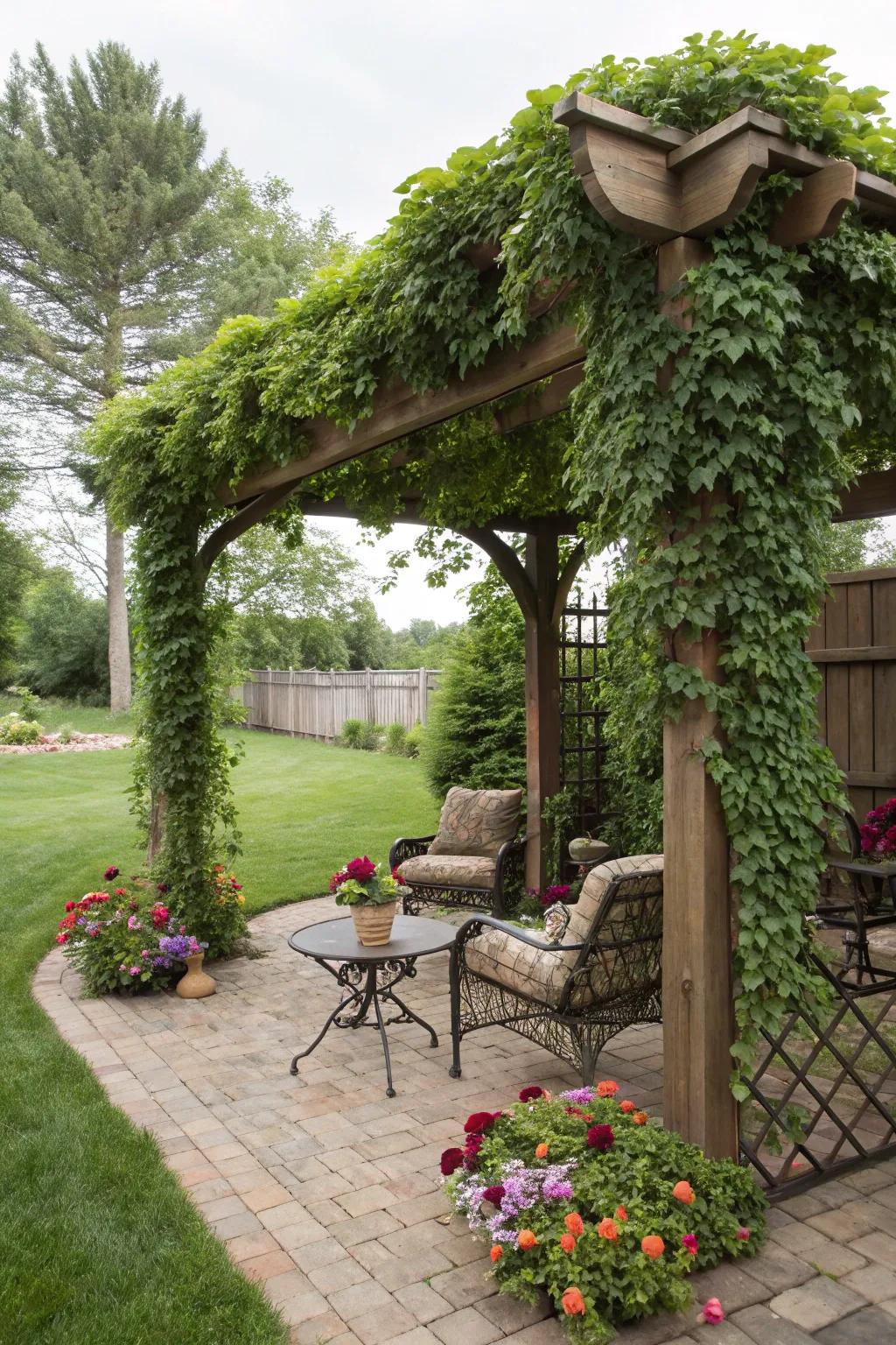 A trellis establishes a captivating and shaded getaway.