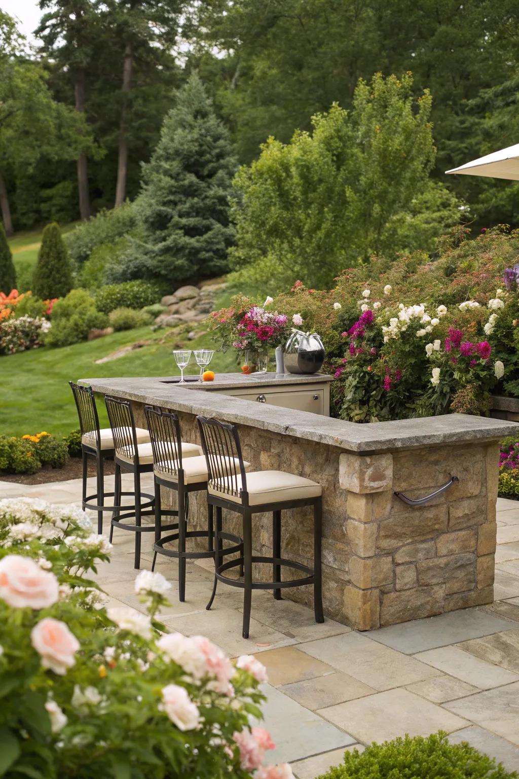 A peaceful stone bar nestled within a lush garden.