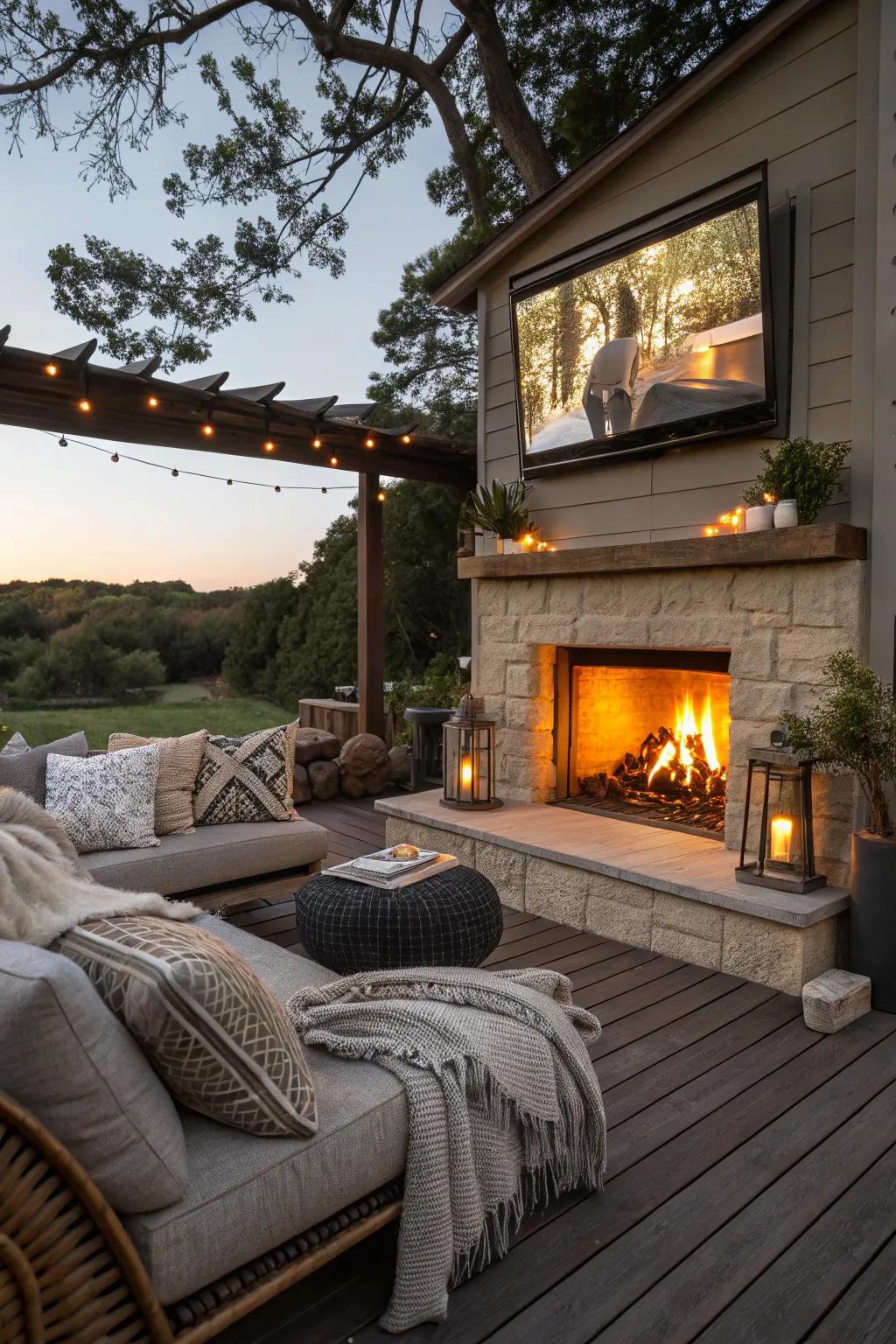 A fireplace introduces warmth and serves as a captivating central element for your outdoor TV space.
