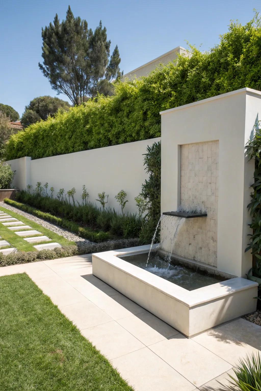 Modern wall fountains featuring clean lines provide a contemporary feel.
