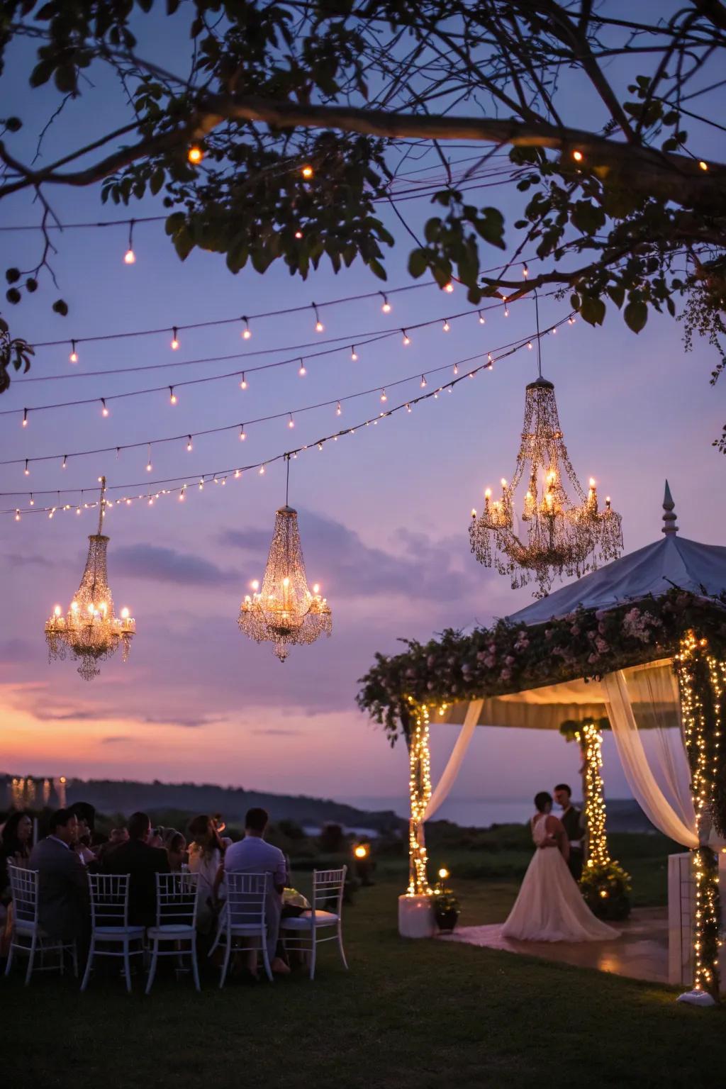 Brighten your wedding with eye-catching chandeliers and hanging lights.
