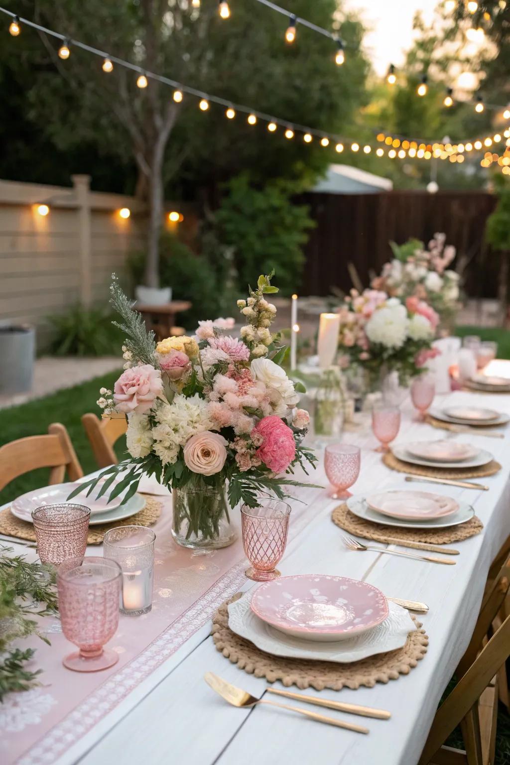 A gracefully arranged table design ideal for an open-air baby shower.