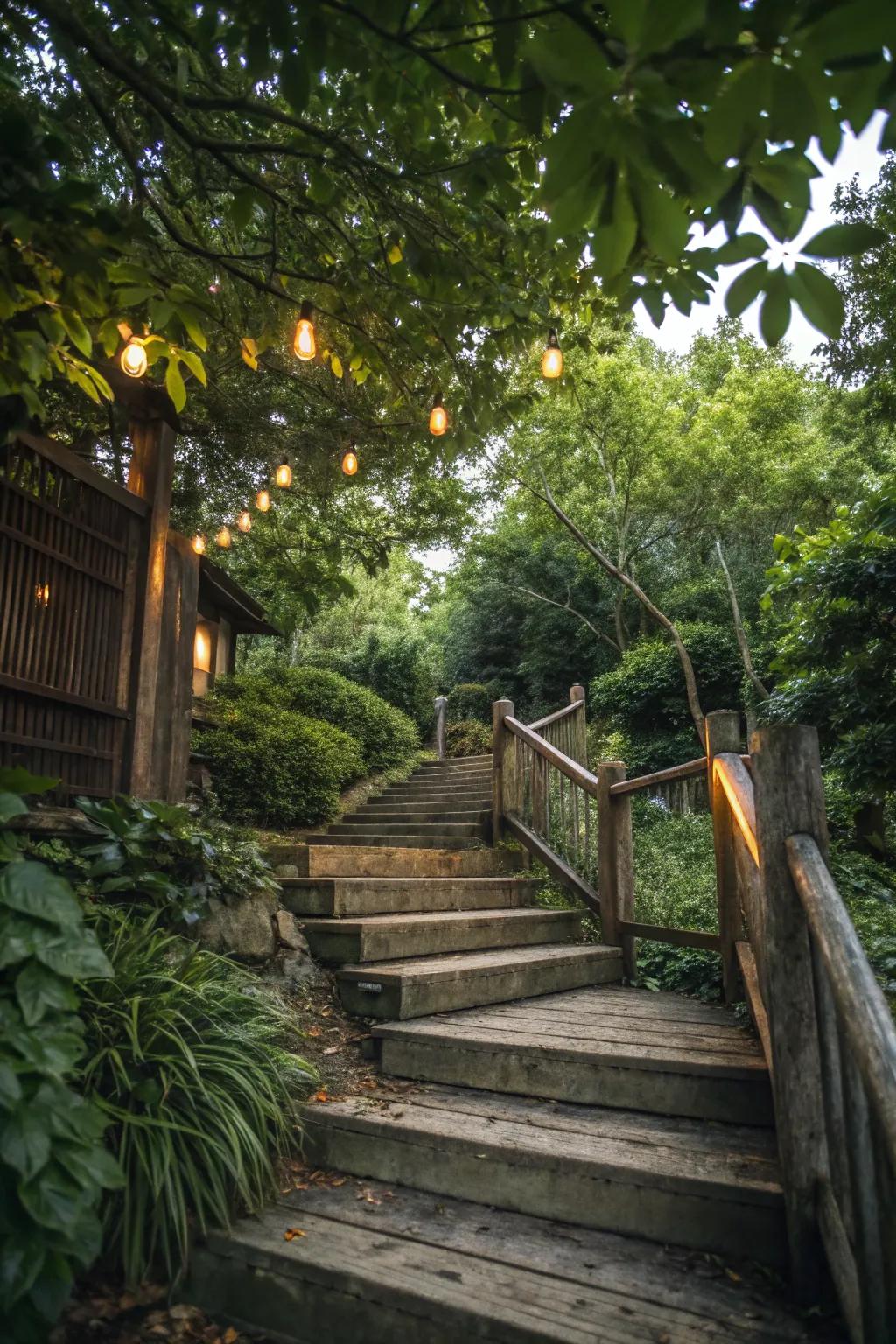 Inviting wooden steps aglow with subtle lights.