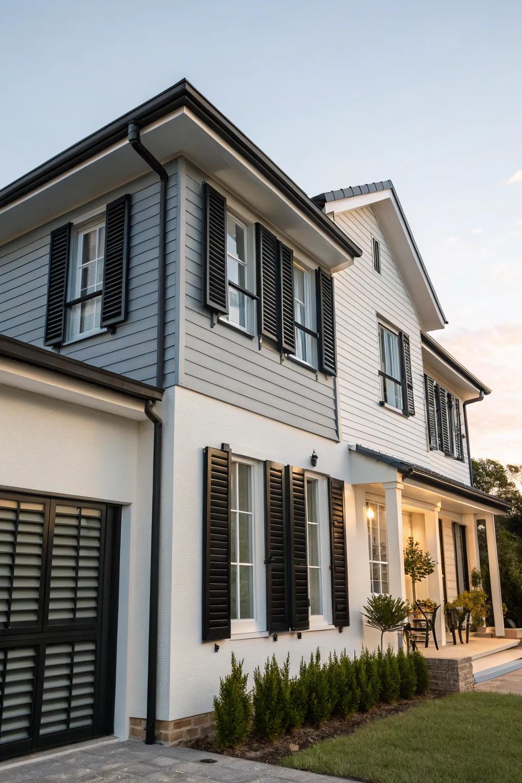 Contemporary home showcasing strong black shutters against a contrasting facade.