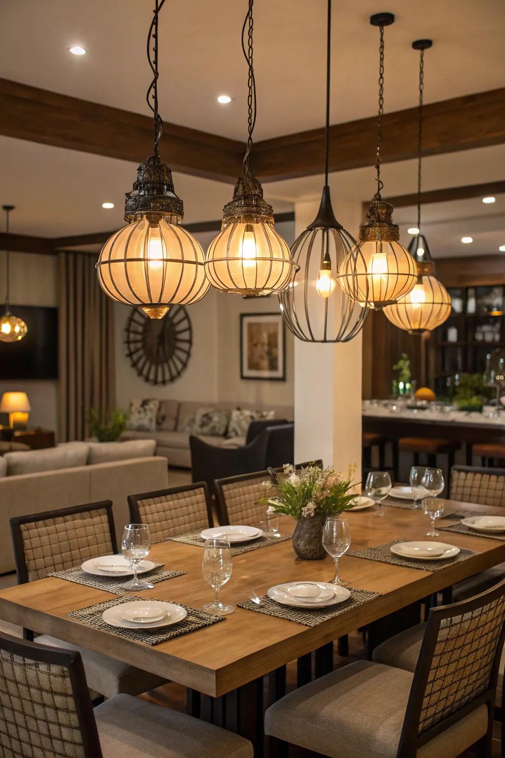 Assembled suspended illumination presents contemporary allure and dimension.