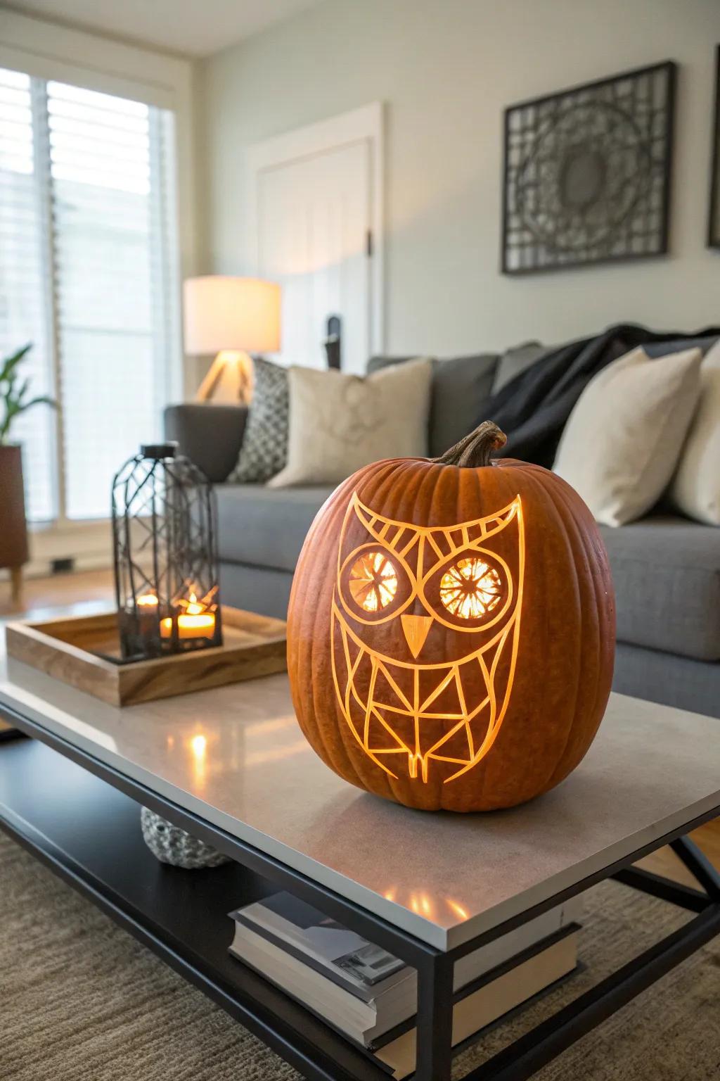 An angular owl design provides a modern interpretation of the classic pumpkin carving.