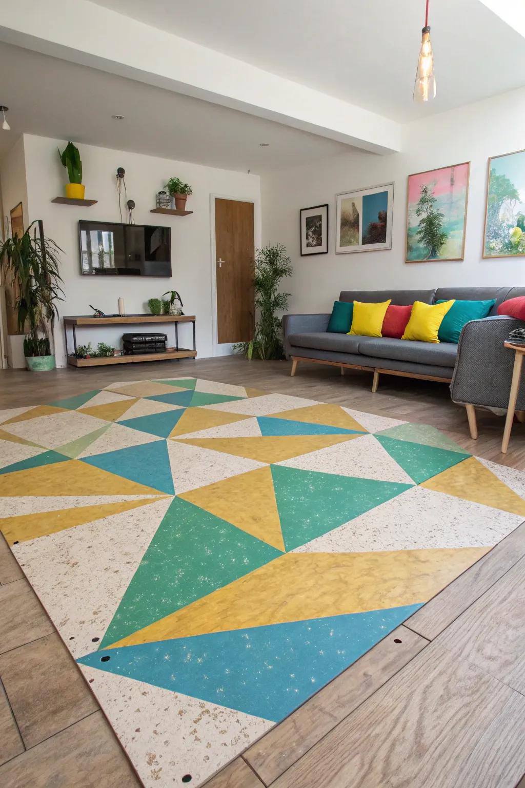 Geometric designs contribute a vibrant touch and depth.