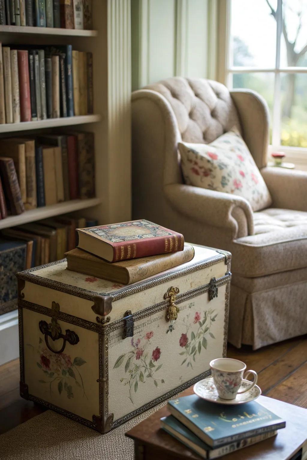 An antique chest blossoming with sophistication in a floral design.
