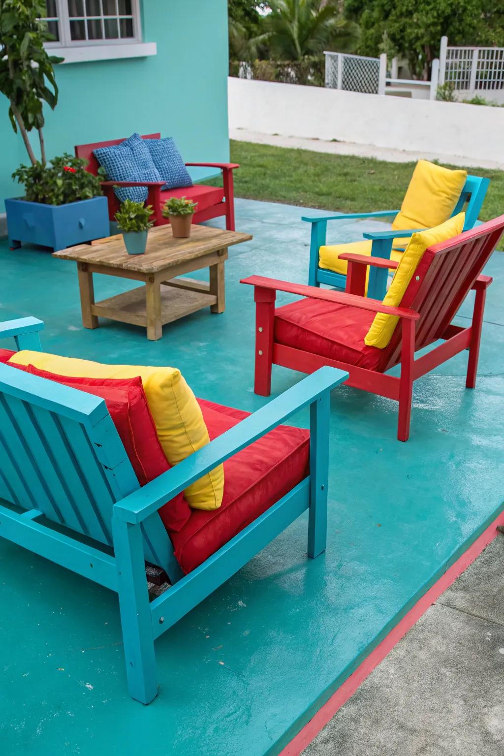 A striking teal patio that exudes vitality and flair.
