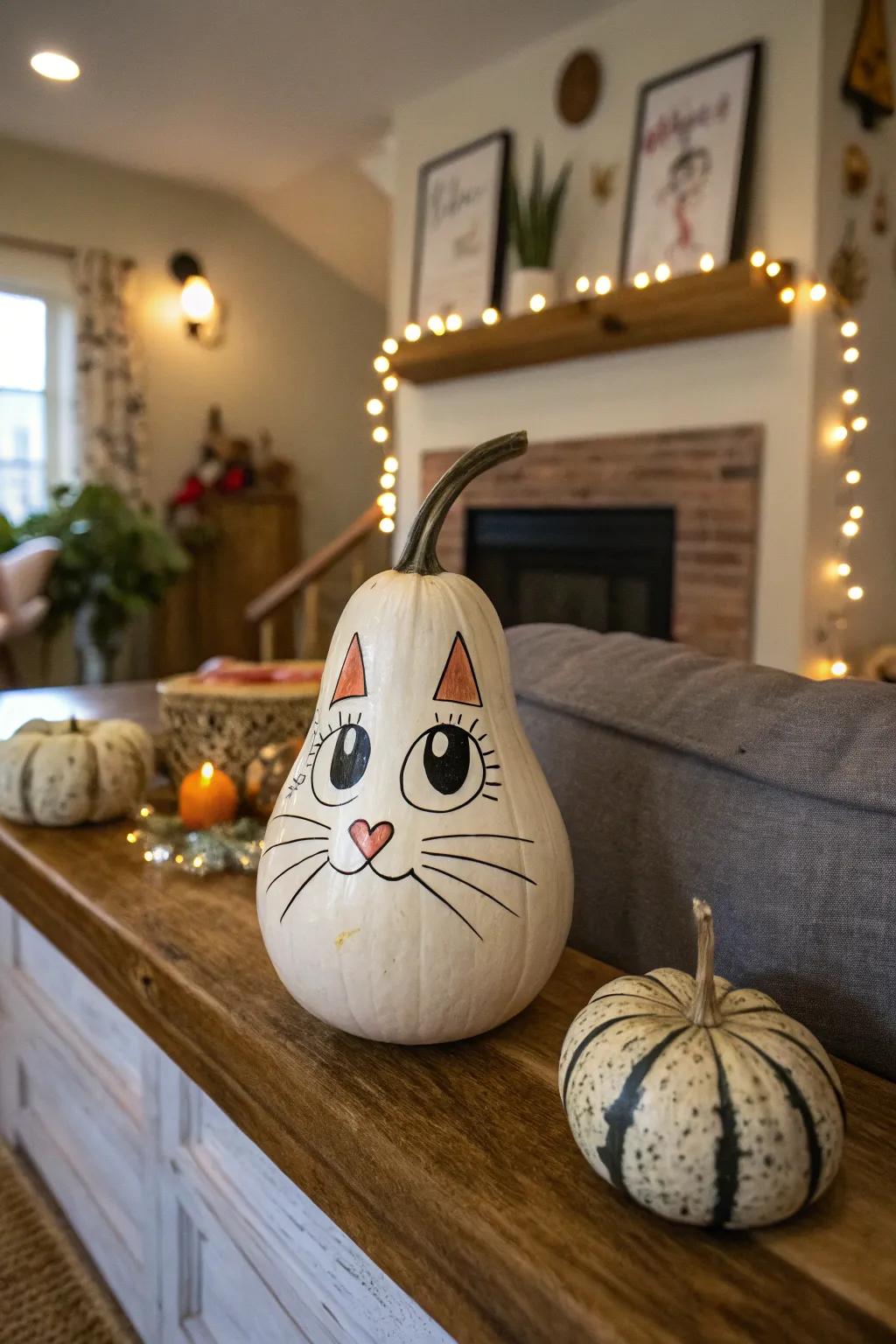 A playful gourd depicted as a whimsical feline.