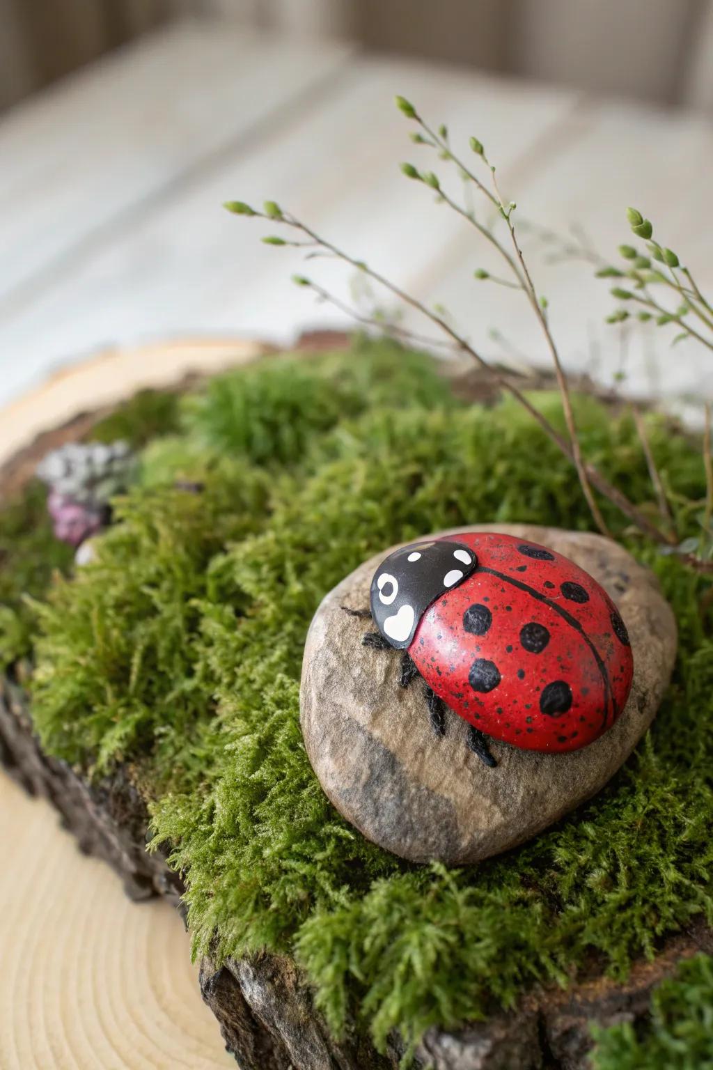 Bring a touch of whimsy to your garden with endearing beetle stones, perfectly merging nature and artistry.