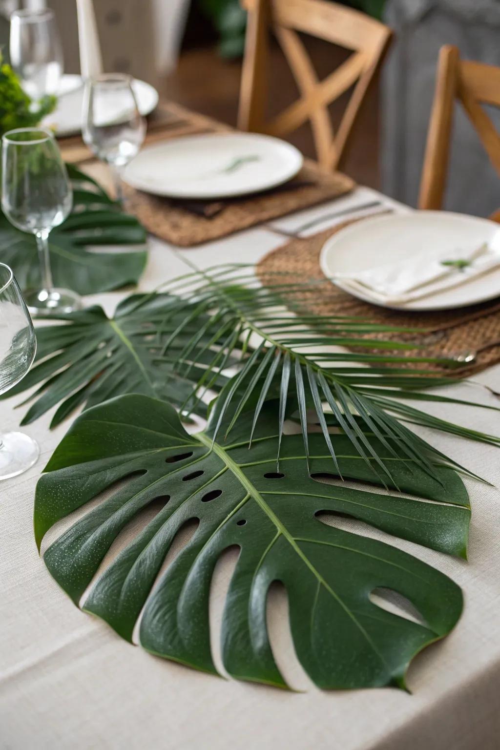 Split-leaf philodendron perform as chic dining mats and focal points.