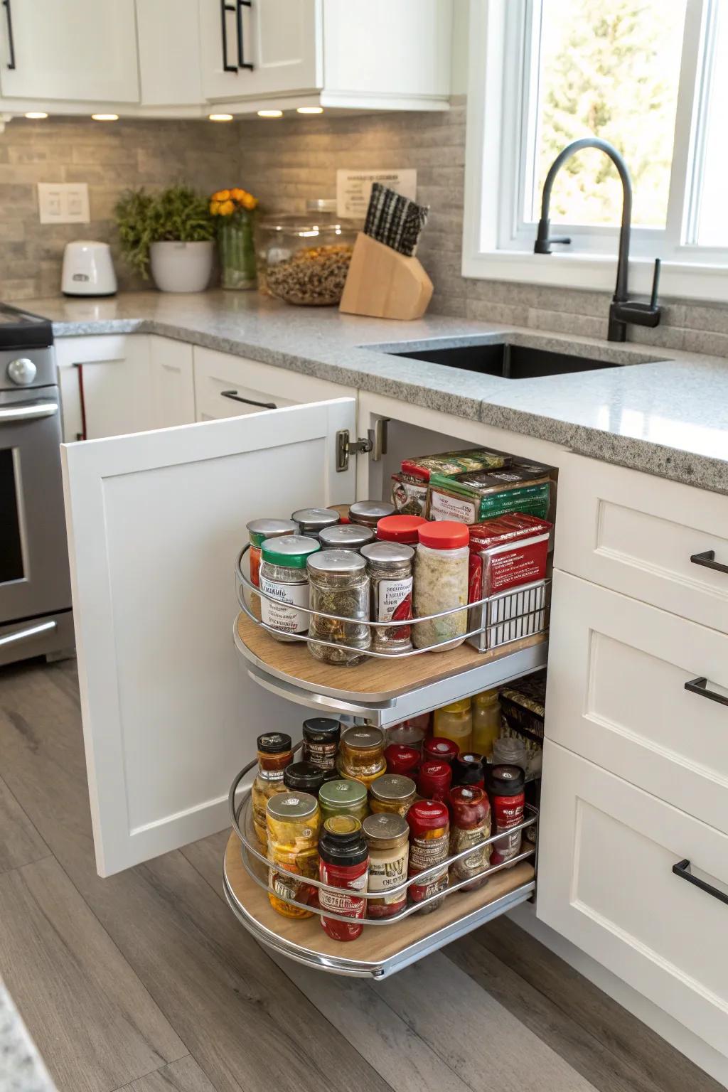 Swivel trays can transform difficult corners into useful spaces.