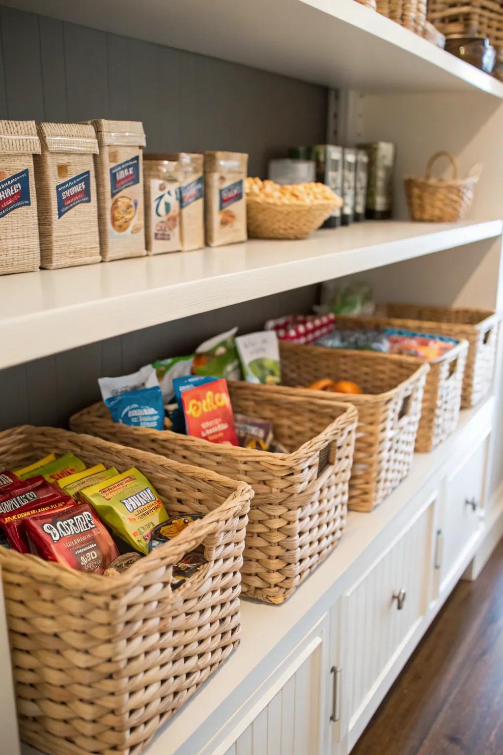Woven baskets deliver both elegance and practicality for storing snacks in bulk.