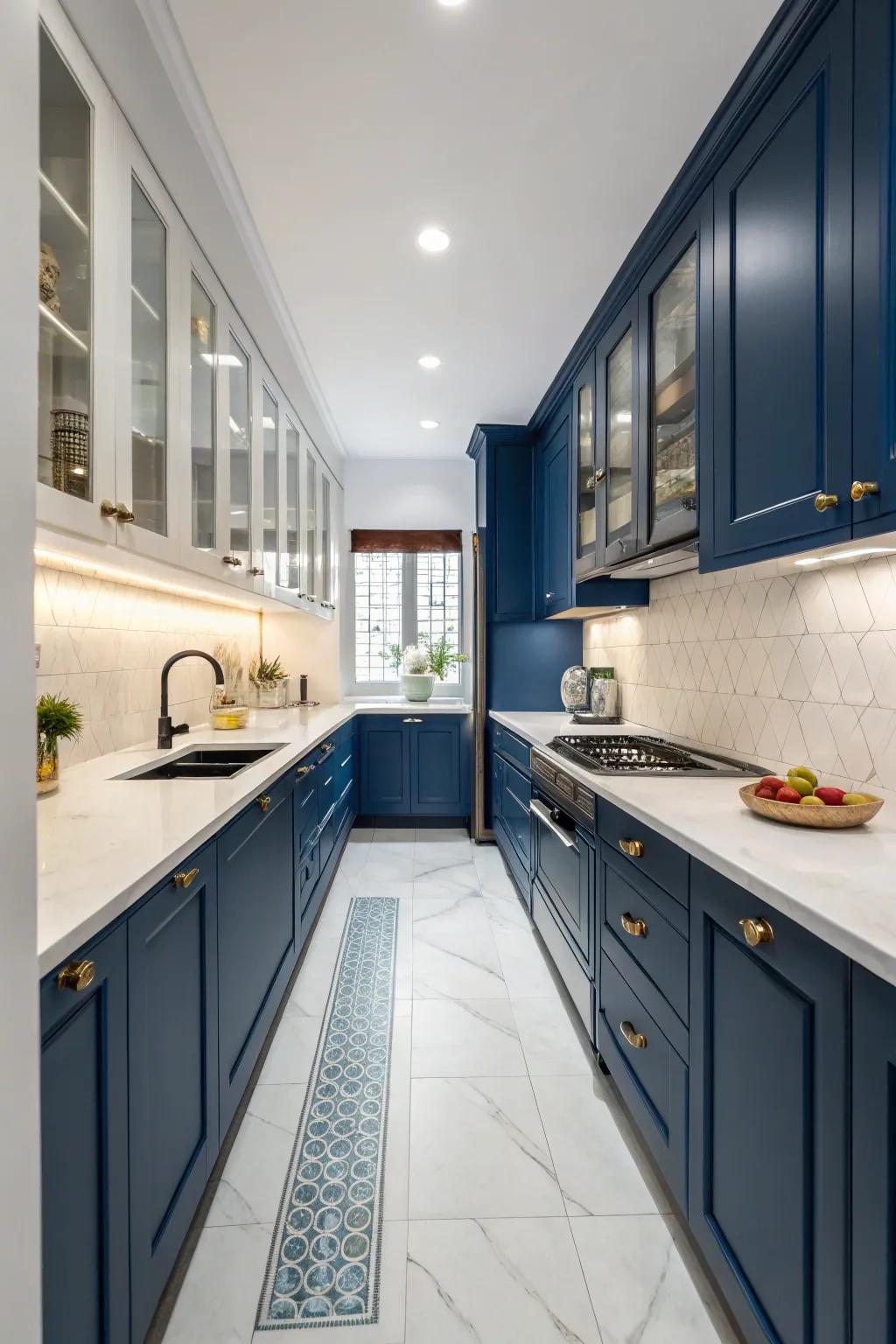 Bold colors inject energy and life into a two-sided kitchen arrangement.