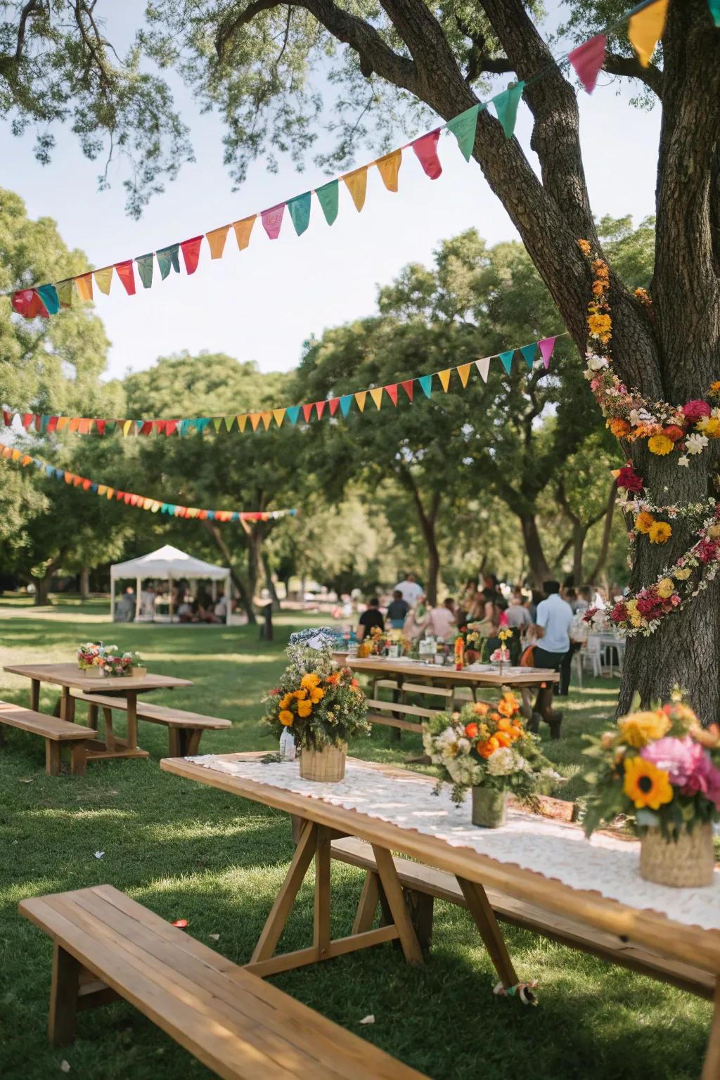 Flower garlands and wooden accents amplify nature’s inherent beauty.