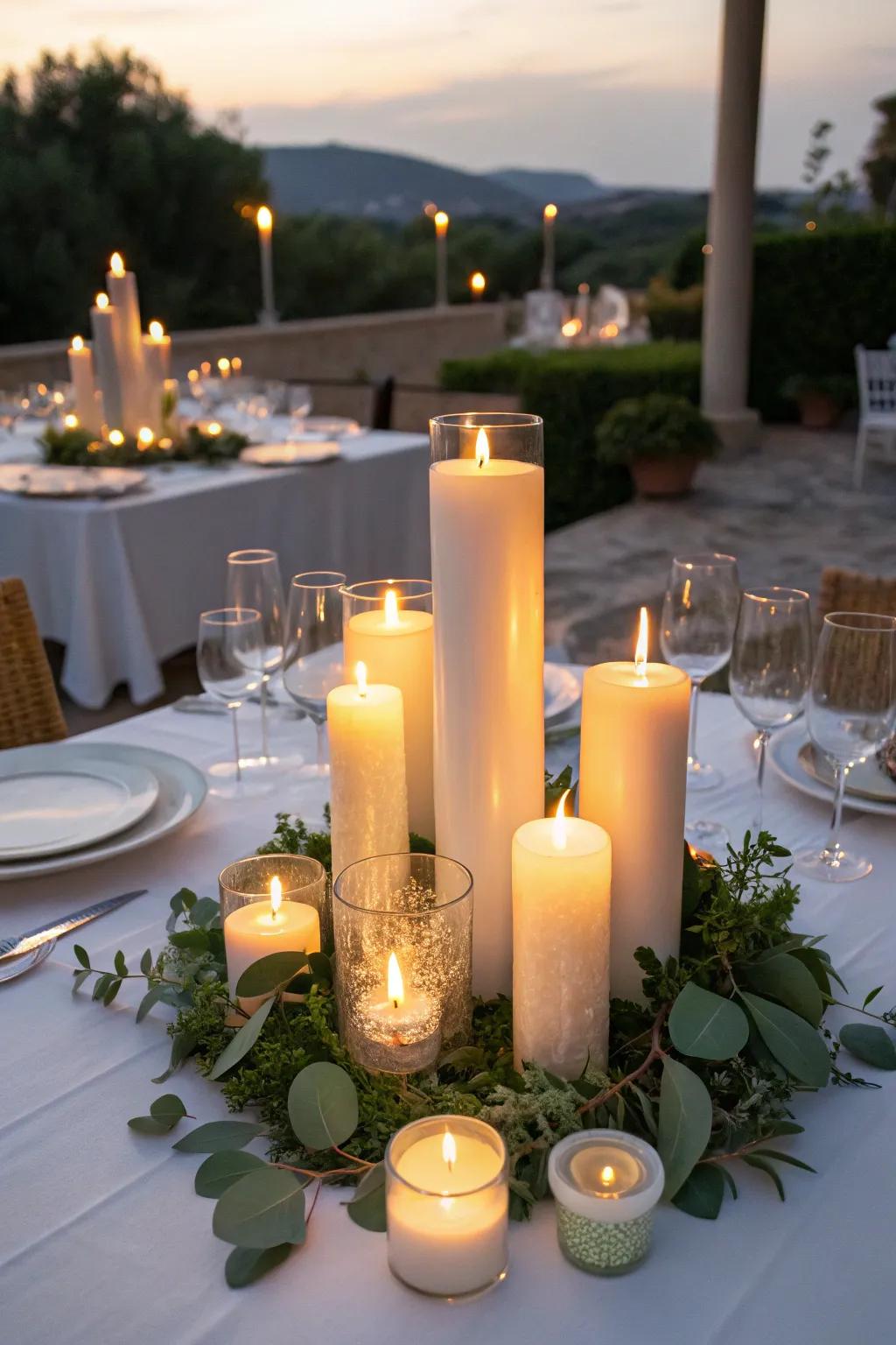 A candlelit centerpiece radiates a cozy, romantic glow.