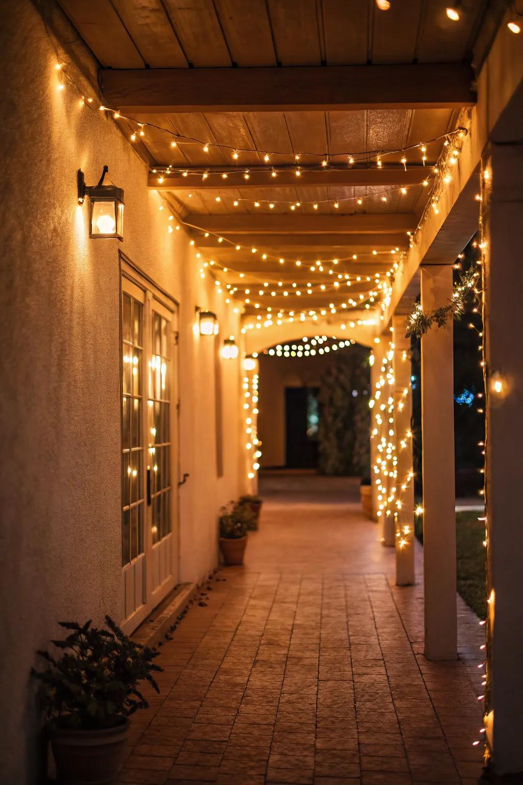 Warm string lights conjure a welcoming and magical atmosphere in your entryway.