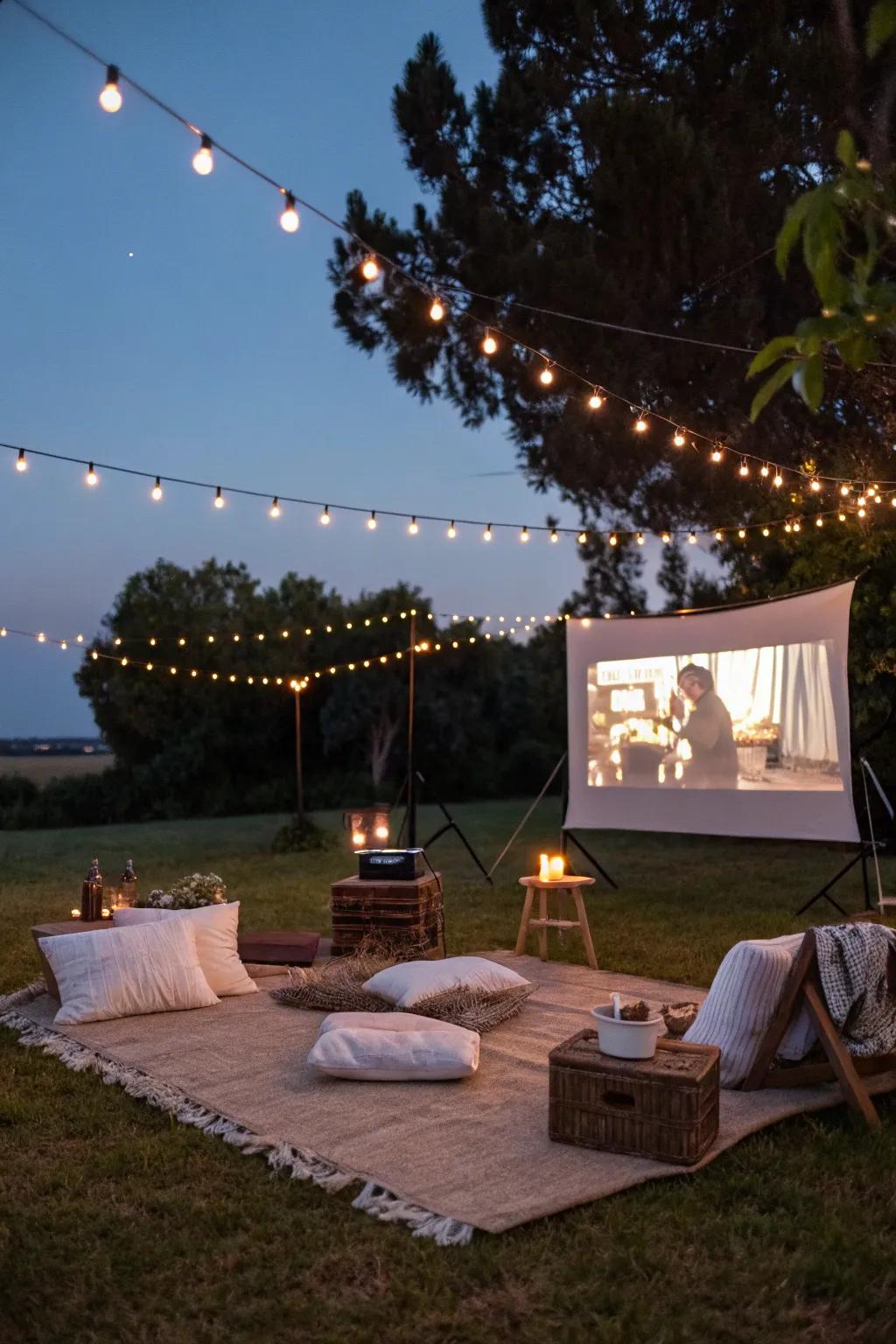 A comfortable backyard movie setup with gentle lighting and inviting seating.