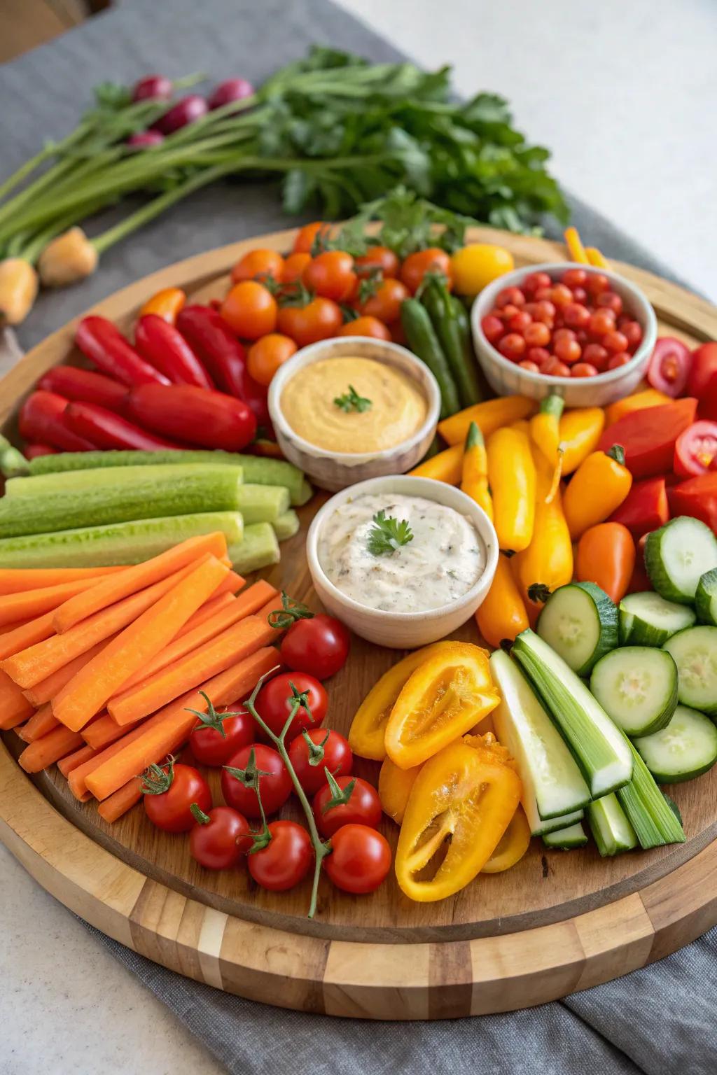 A vibrant assortment of fresh vegetables paired with delectable dips.