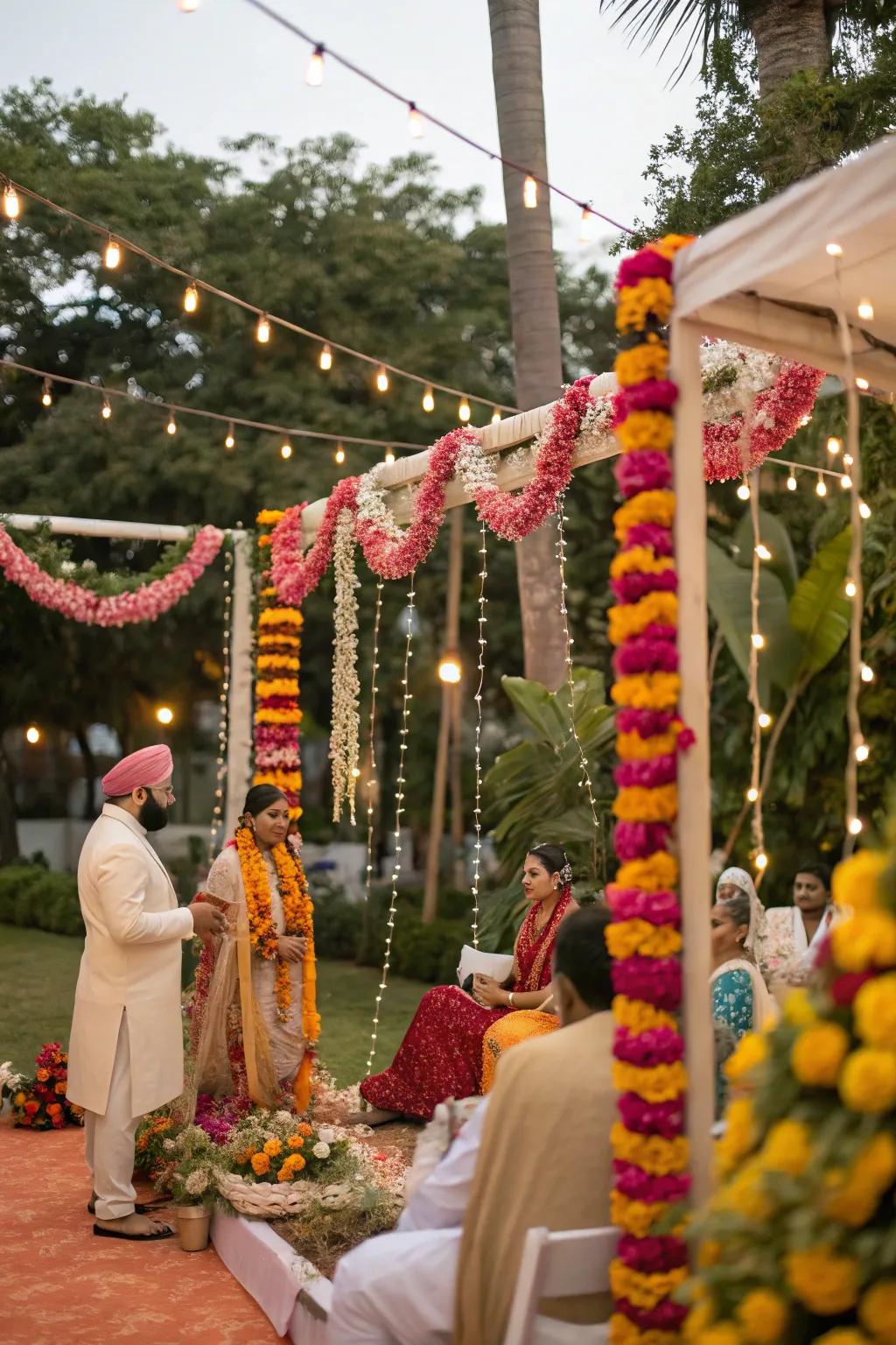 Floral festoons adding a celebratory feel to a rice-feeding ceremony.
