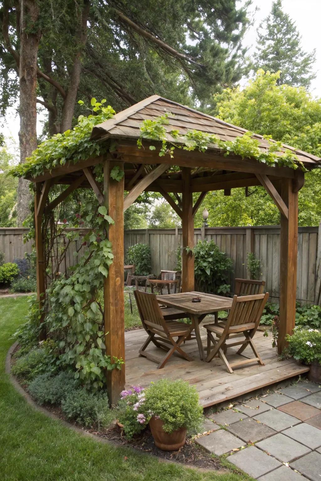 A wooden gazebo presents rustic charm and protection during rain.