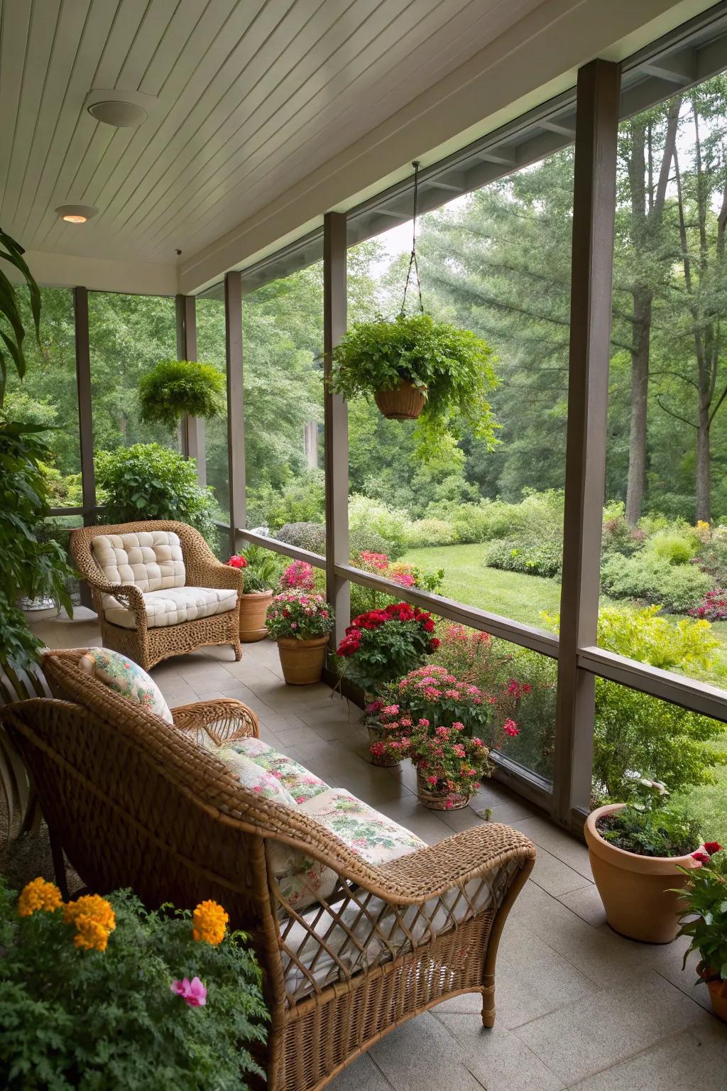 A screened-in porch flawlessly combining outdoor charm with reliable protection.