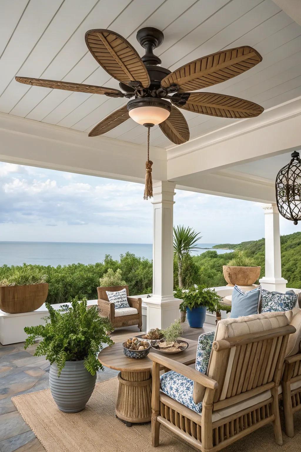 A nautical-inspired patio, complete with a corded ceiling fan.