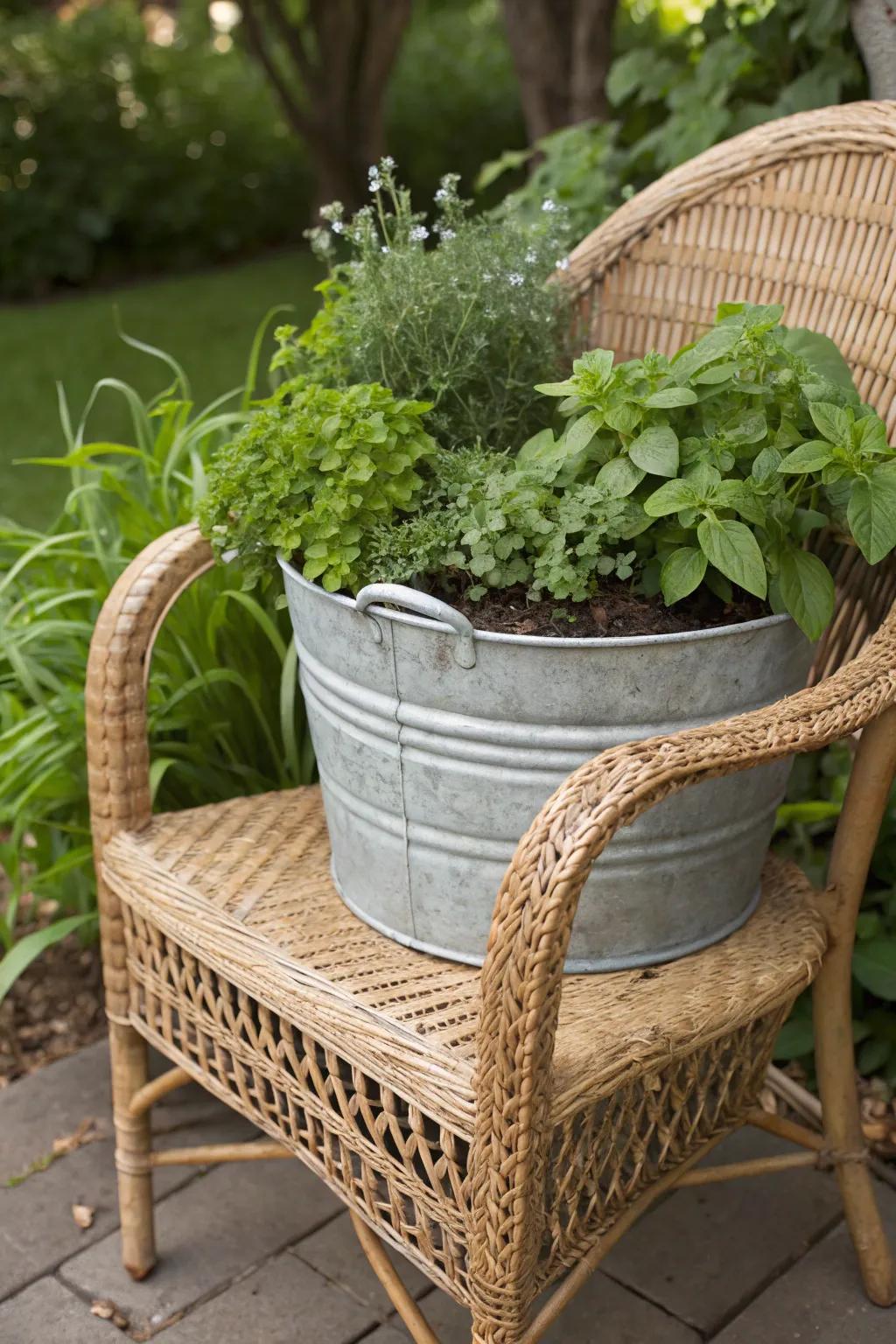 Transformed woven chair herb display.