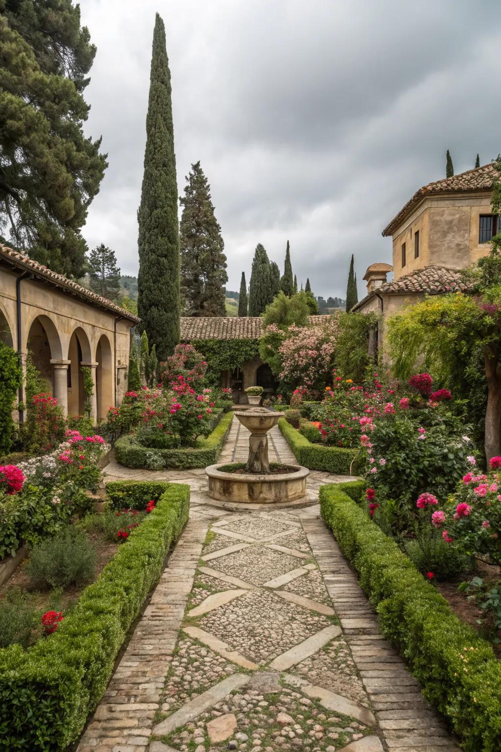 Stone pathways introduce a dash of refinement to this Italian-inspired garden.