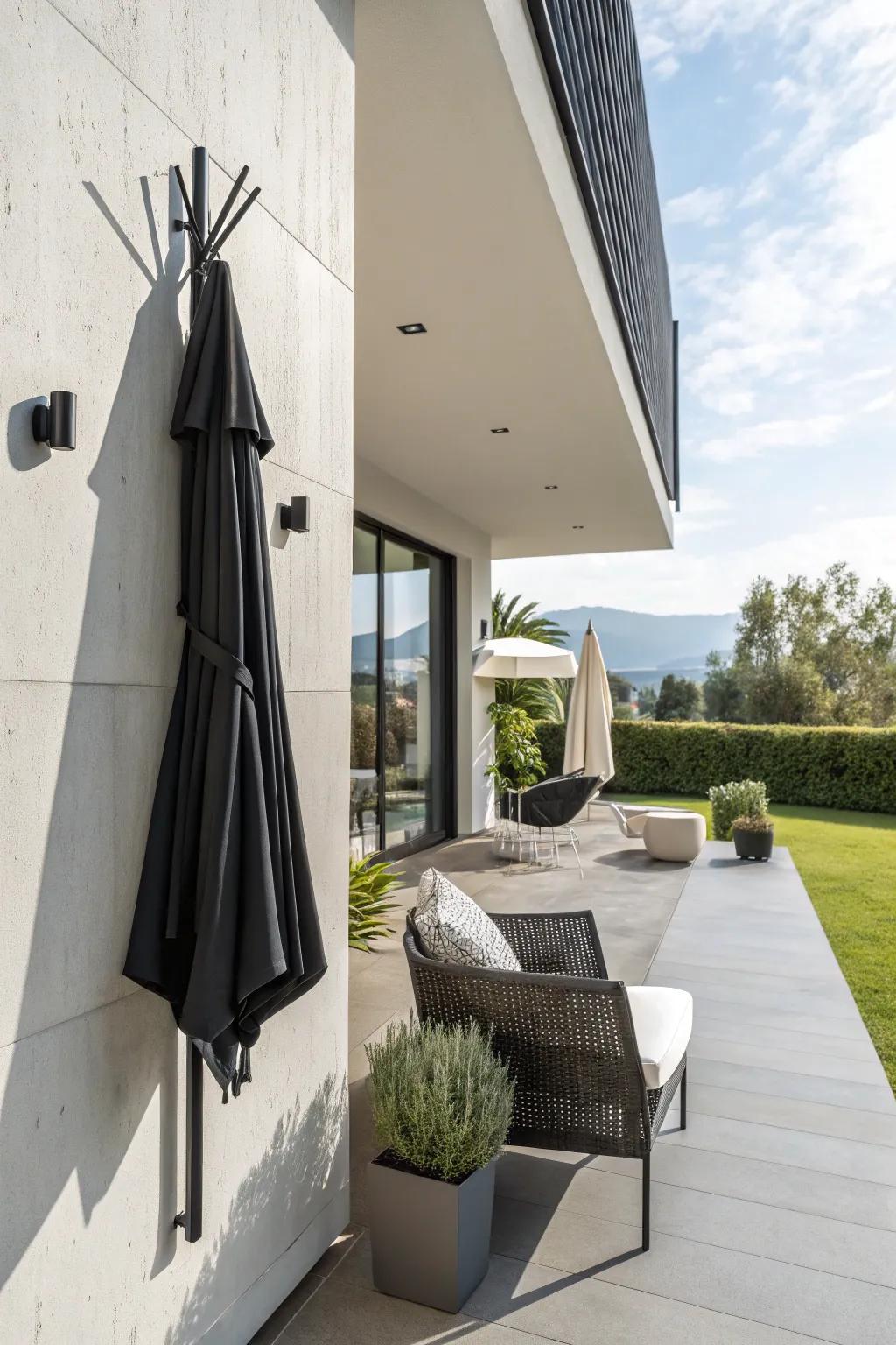 Optimize area with a wall-secured rack designated for your umbrella.