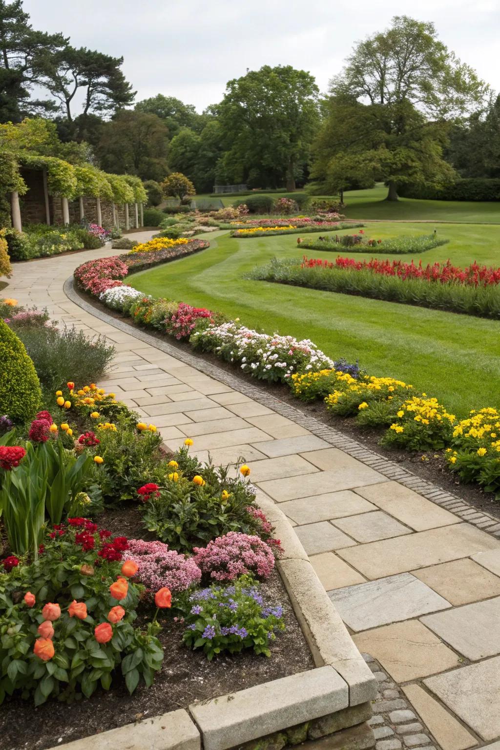 Paver borders present a refined and distinct edge for flower beds.