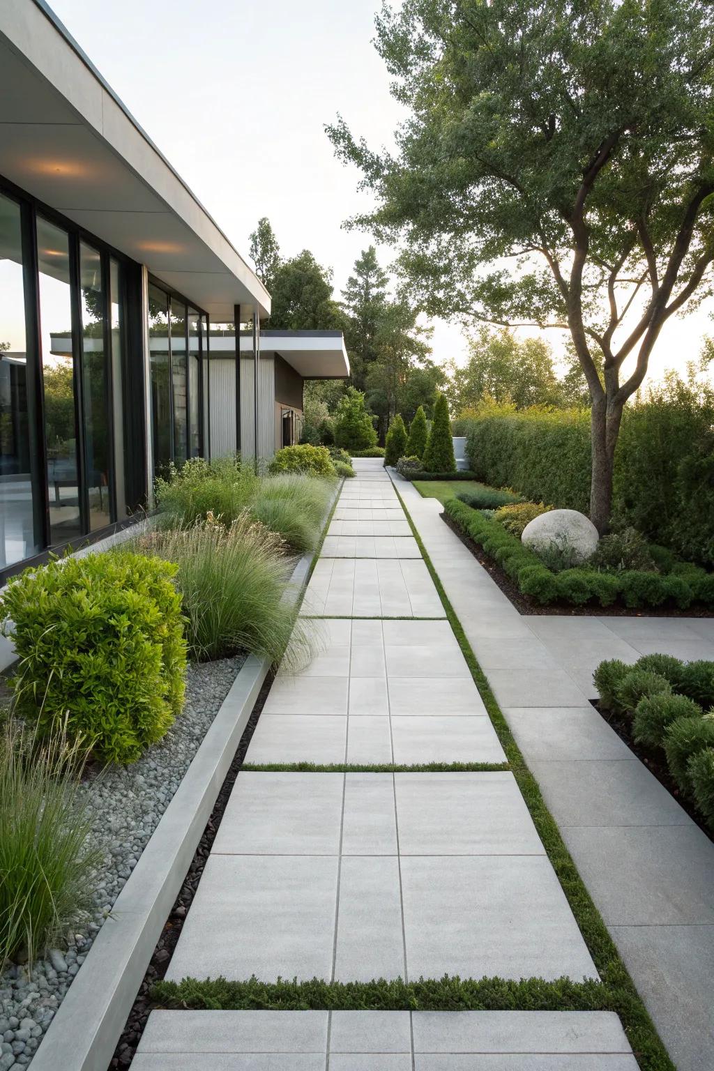 A smooth concrete paver pathway in a minimalist garden.