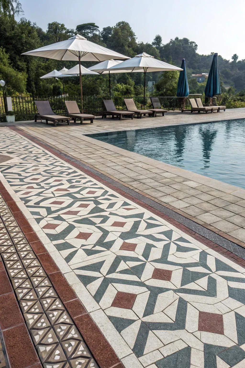 Angular patterned paving imparts a modern artistic flair to the pool deck.