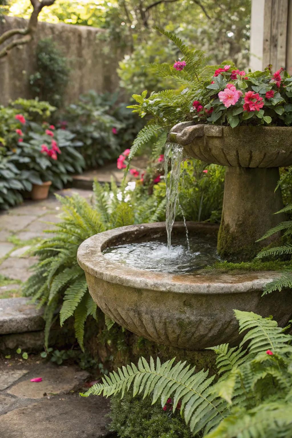 A peaceful fountain provides relaxing sounds in the garden.