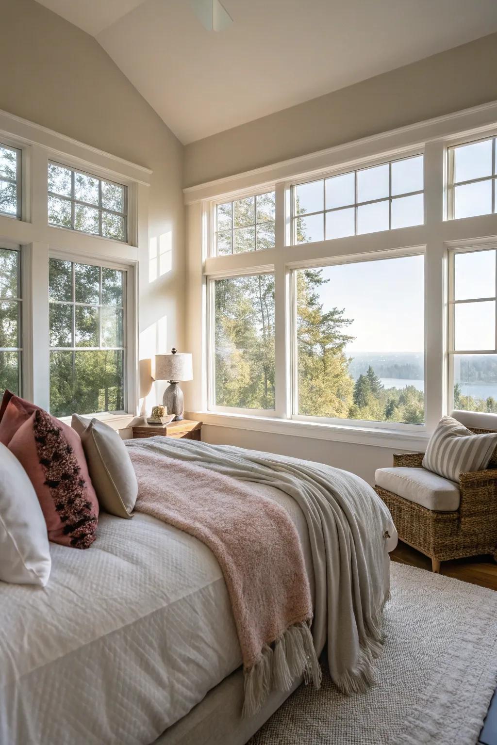 A bedroom showcasing large windows that permit sunlight to brighten the space.