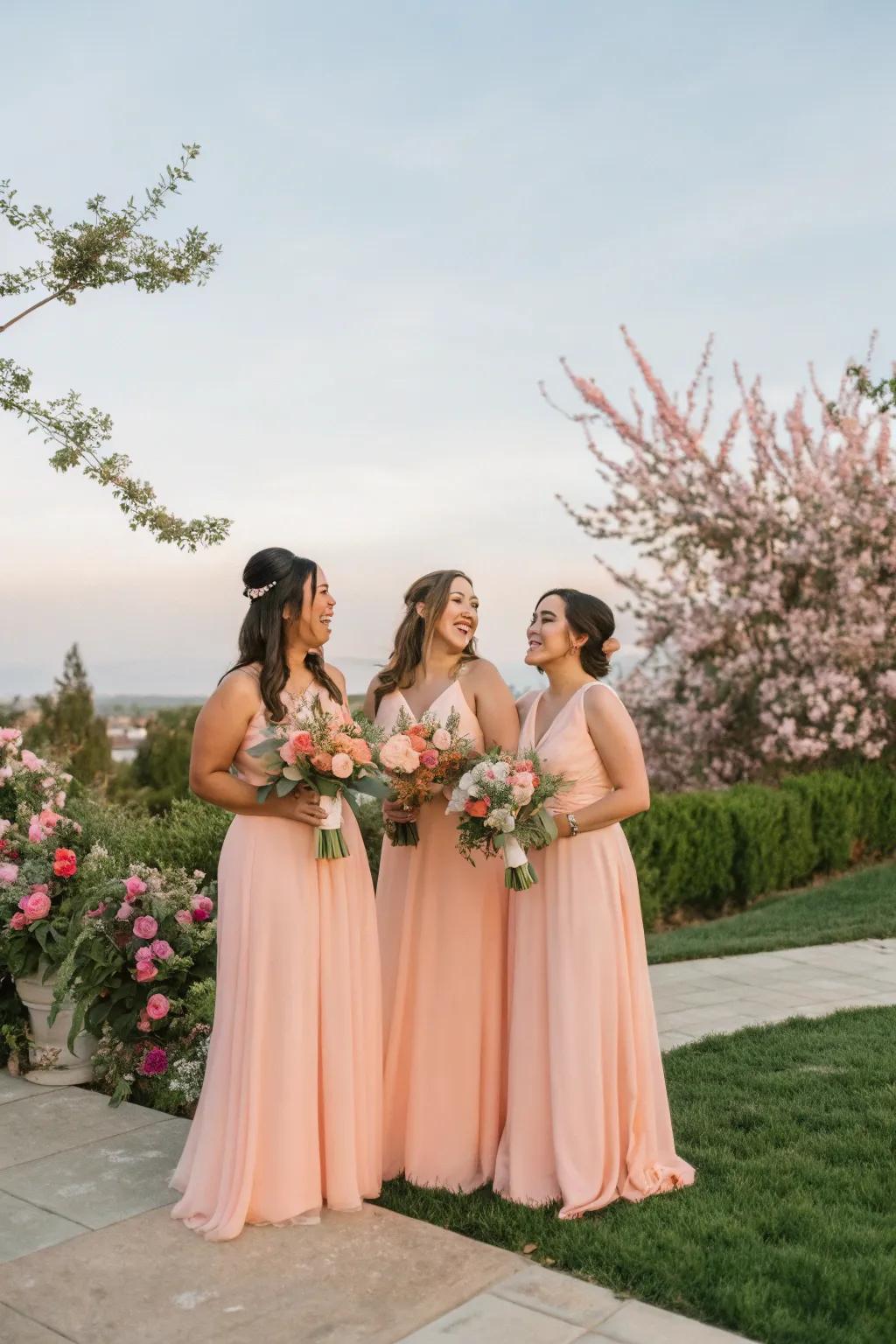 Stylish peach bridesmaid gowns enhancing the overall wedding style.