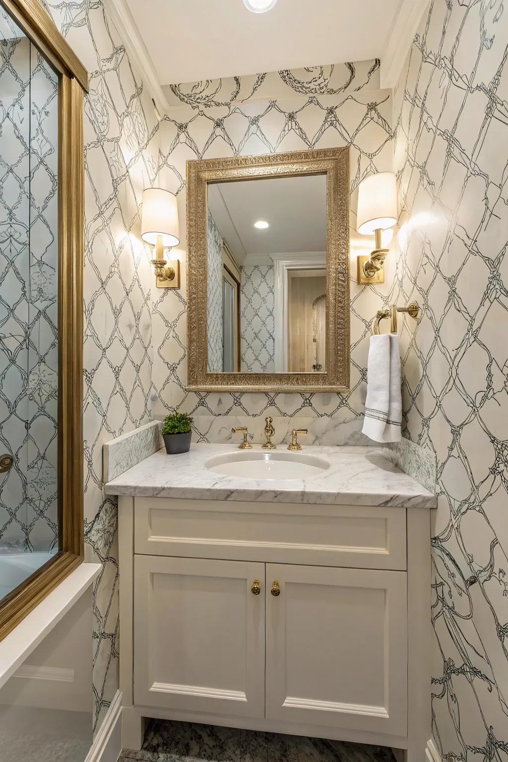 Enhance your bathroom with refined wallpaper motifs.
