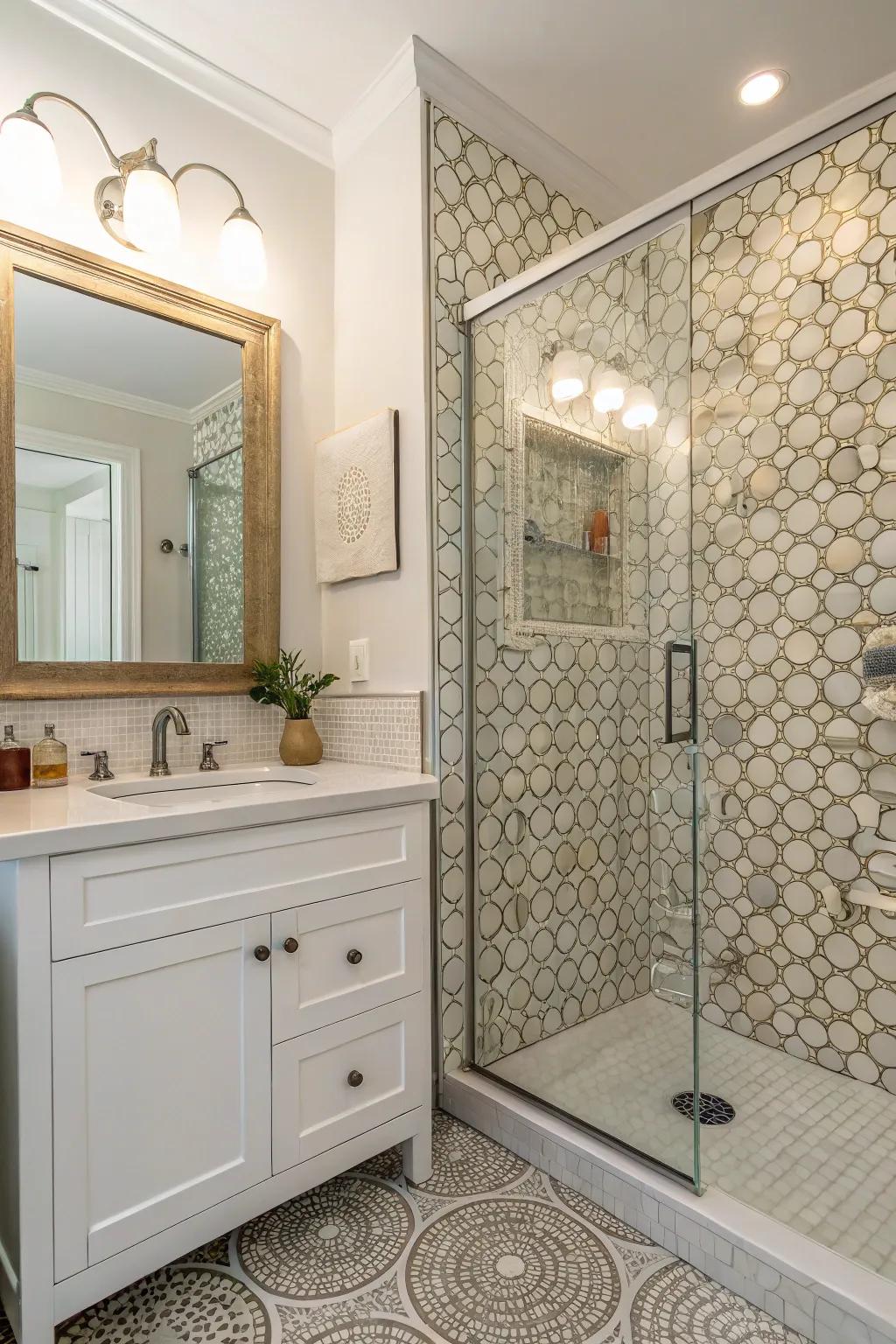 A gorgeous penny tile wall that introduces depth and visual interest.